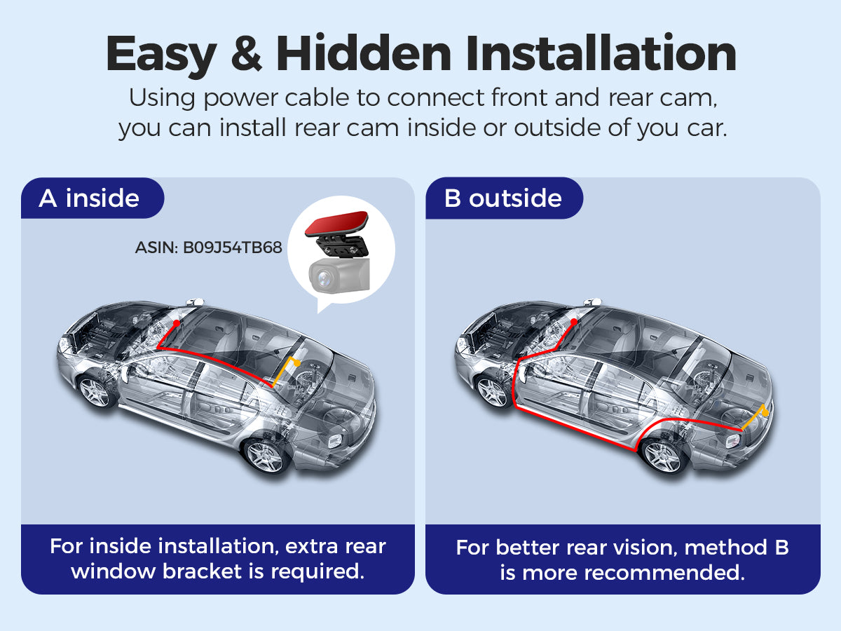 Image displaying easy and hidden installation features of the M550 max dash camera. Two image diagrams of a car show where the dash cam can be installed
