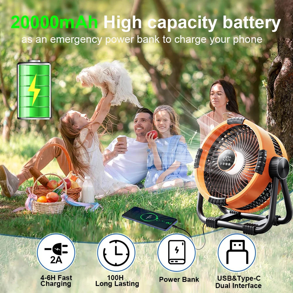 Camping Fan 20000mAh Rechargeable Portable Camping Circulator Fan Wireless Tent Ceiling Fan with LED Light and Remote Control