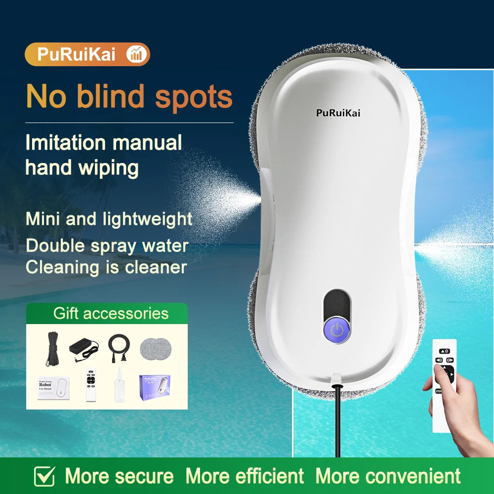 PuRuiKai Window Cleaning Robot Automatic with Auto Dual Spray 5600Pa Suction Remote Control Edge Detection for Home