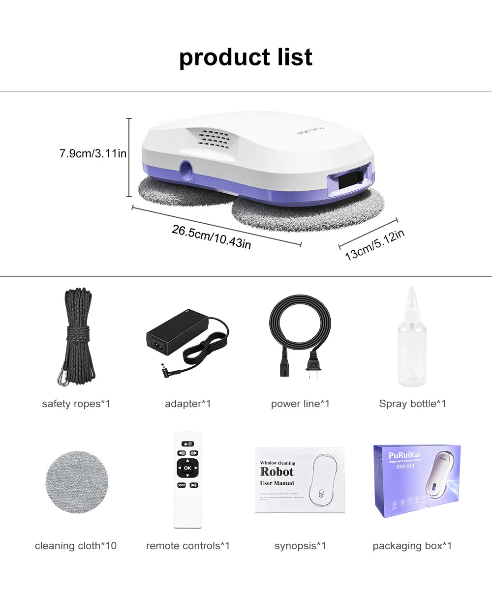 PuRuiKai Window Cleaning Robot Automatic with Auto Dual Spray 5600Pa Suction Remote Control Edge Detection for Home