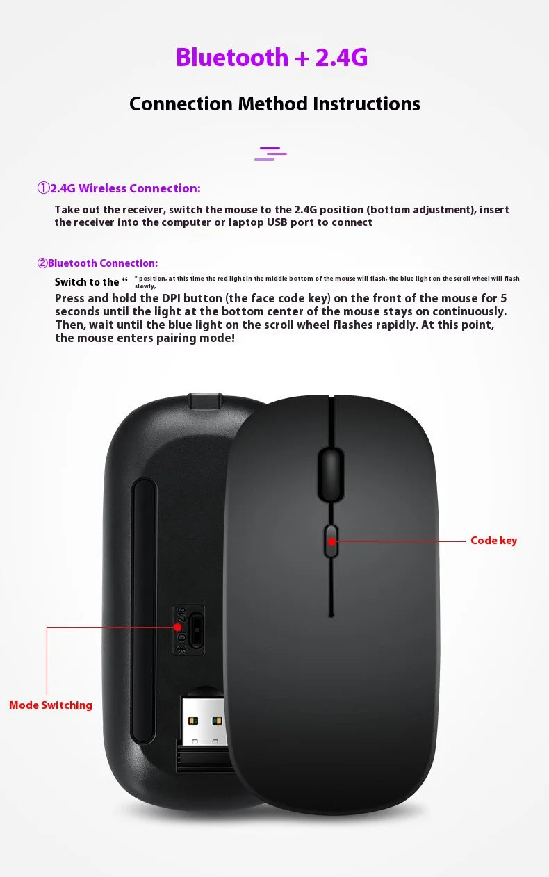 2025New Rechargeable Wireless Mouse Bluetooth-compatible 2.4GHz Dual Modes Computer Mice with Nano Receiver for PC Laptop
