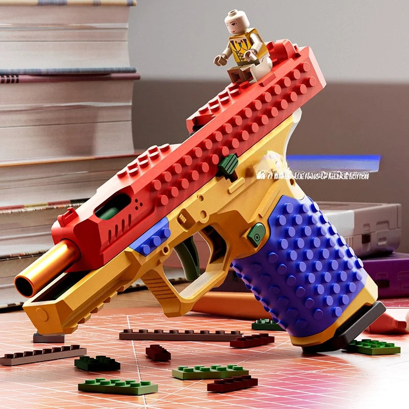 Building Block Pistol Shell Throwing Continuous Firing Airsoft Blowback Empty Hanging Toy Gun Outdoor CS Weapon for Boys Adult