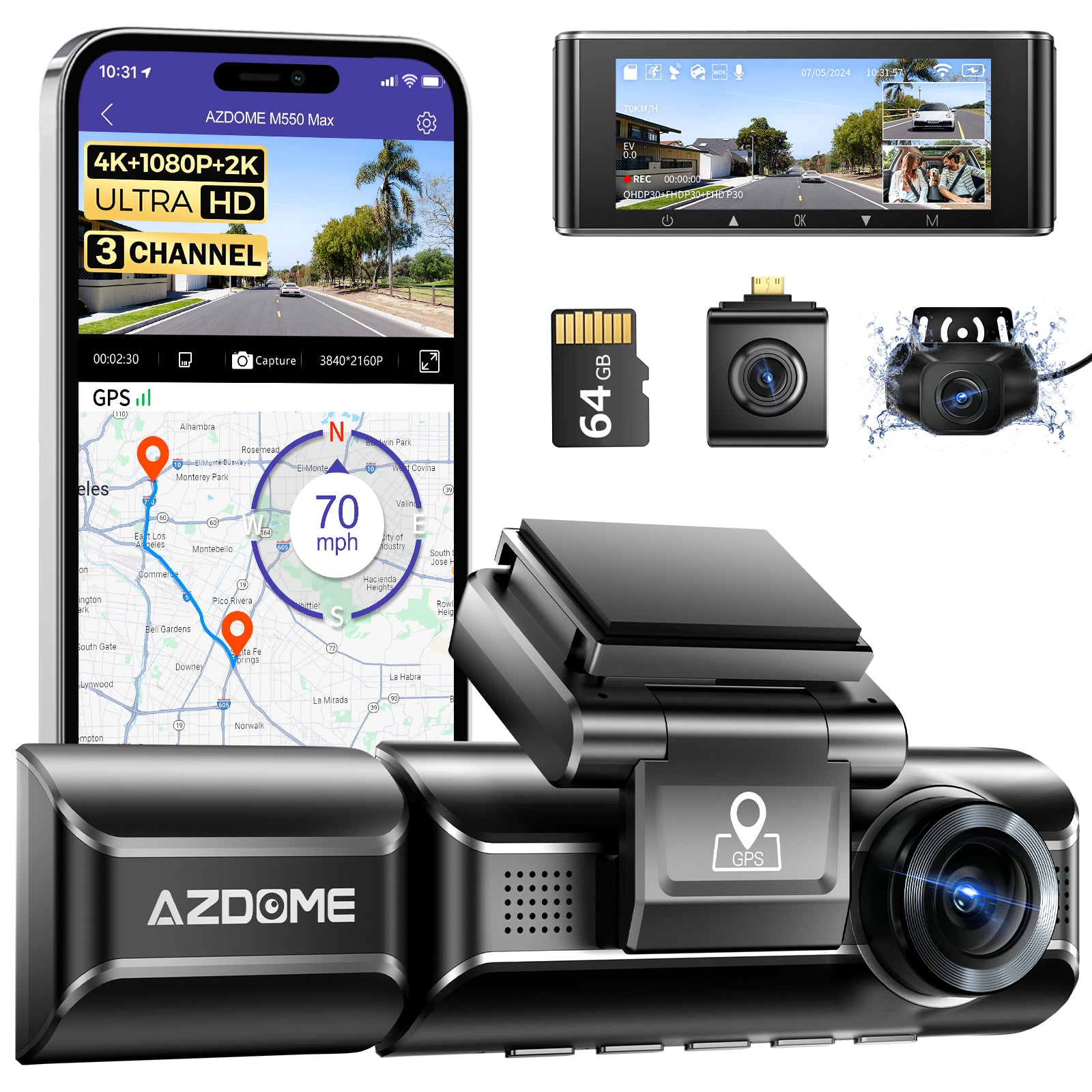 AZDOME car dashboard camera with smartphone displaying app interface, memory card, and additional cameras on a white background.
