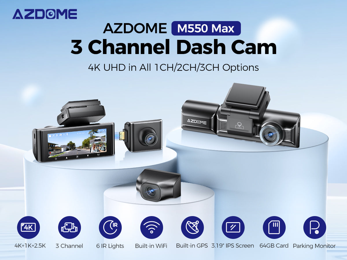 image of three dash camera parts on pedestals. Text over top reads AZDOME M550 Max 3 Channel Dash Cam, 4K UHD in All 1CH/2CH/3CH Options. Eight blue icons on the bottom display camera features.
