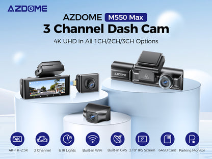 image of three dash camera parts on pedestals. Text over top reads AZDOME M550 Max 3 Channel Dash Cam, 4K UHD in All 1CH/2CH/3CH Options. Eight blue icons on the bottom display camera features.
