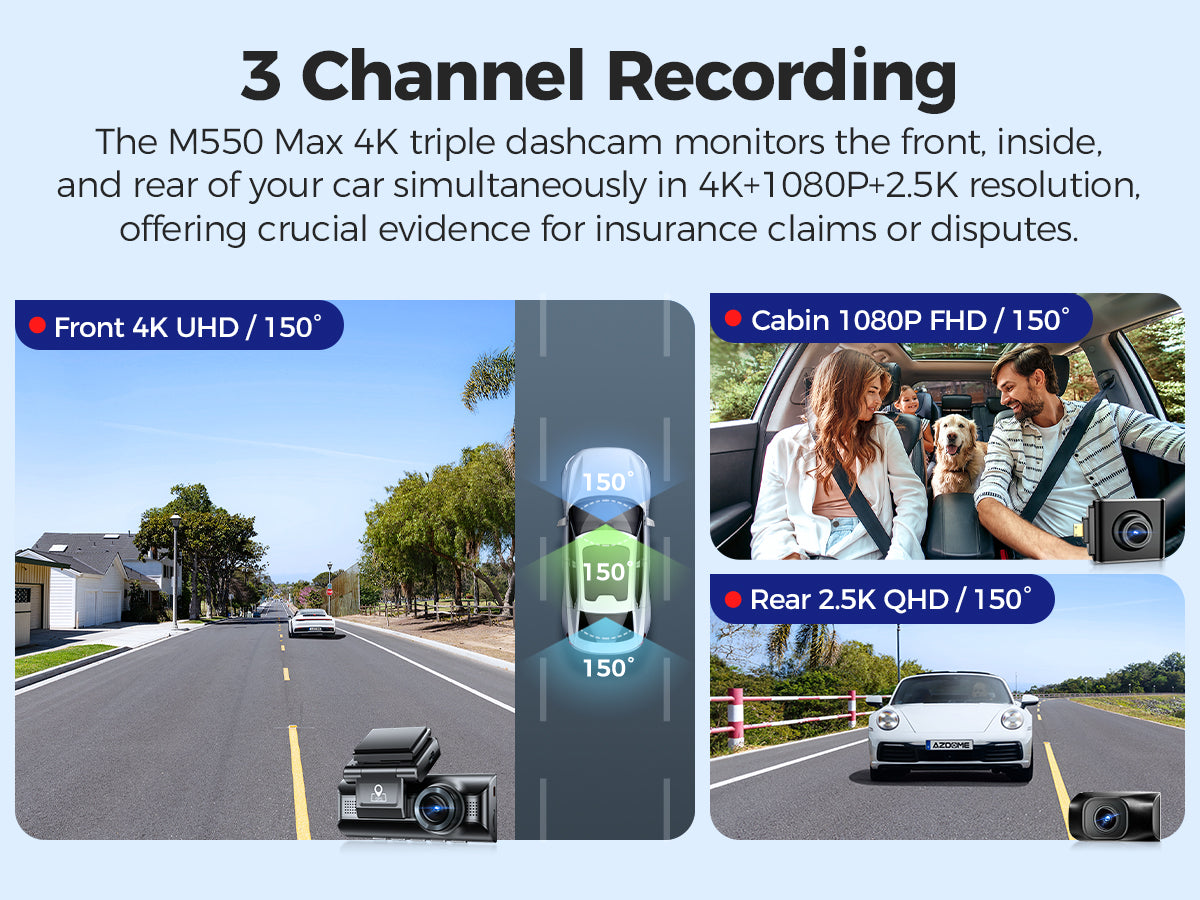 Image displaying 3 channel recording features of the M550 max dash camera. Three images show the front 4K UHD, cabin 1080P FHD, rear 2.5K QHD cameras