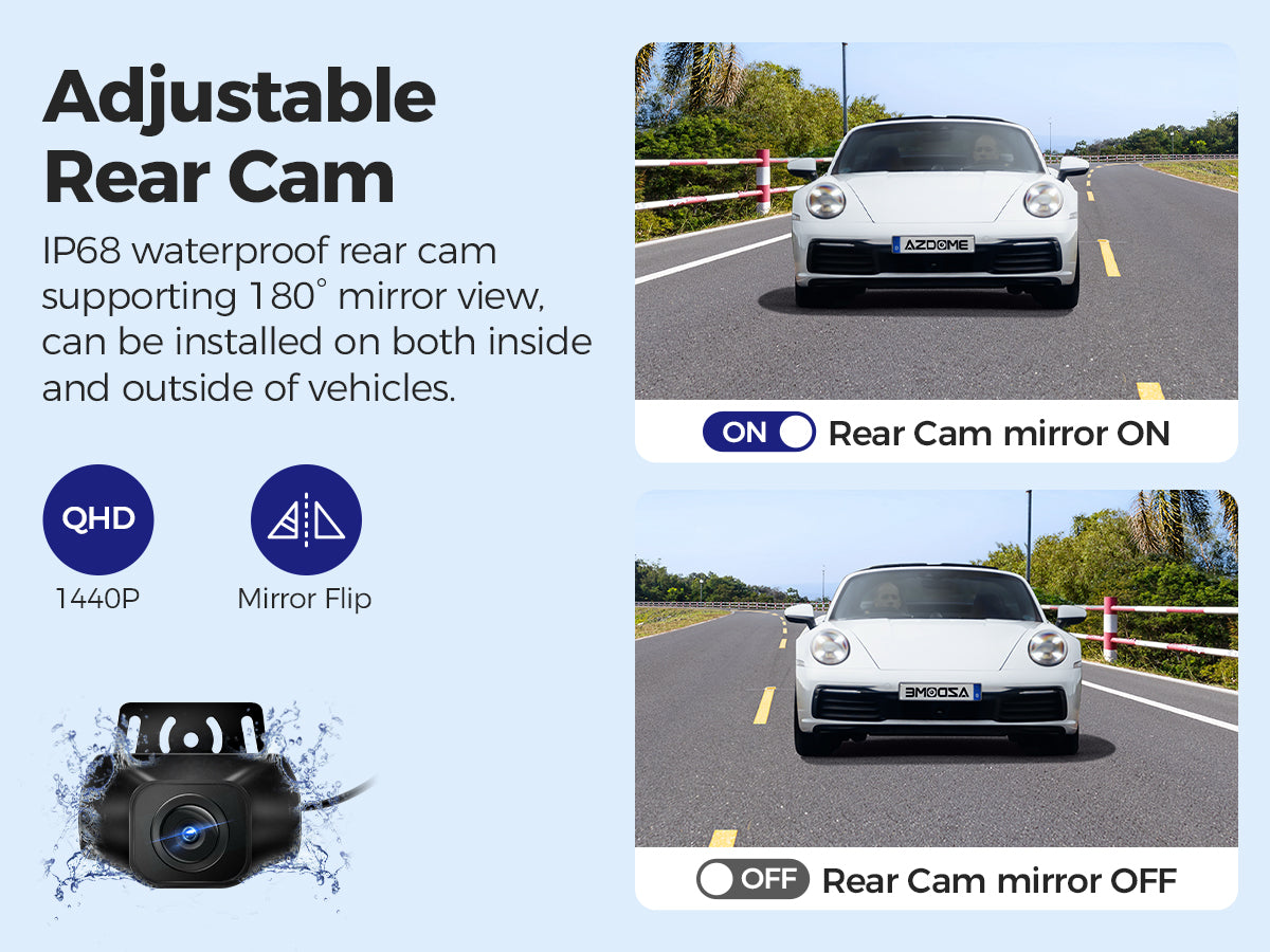 Image displaying adjustable rear cam features of the M550 max dash camera. Two images of a car show rear cam mirror on and rear cam mirror off settings.