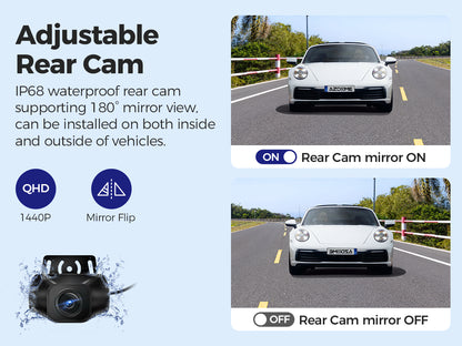 Image displaying adjustable rear cam features of the M550 max dash camera. Two images of a car show rear cam mirror on and rear cam mirror off settings.
