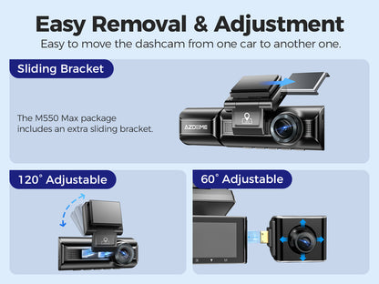 Image displaying easy removal and adjustment features of the M550 Max dash camera