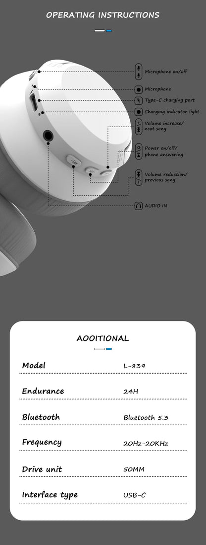 LDON Wireless Headphones Bluetooth 5.3 Hi-Res Audio Over Ear Headset Earphones
