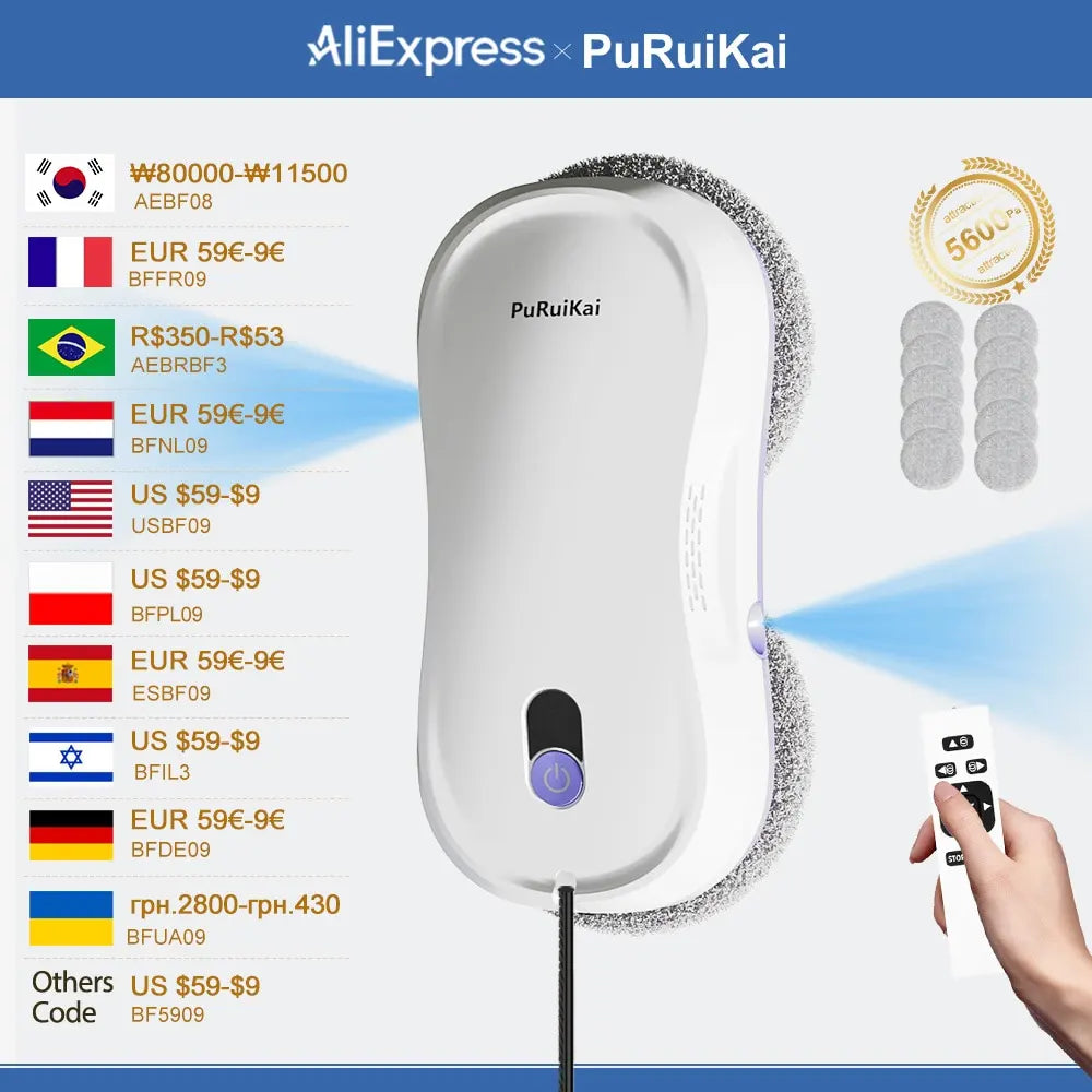 PuRuiKai  Window Cleaning Robot Automatic with Auto Dual Spray 5600Pa Suction Remote Control Edge Detection for Home