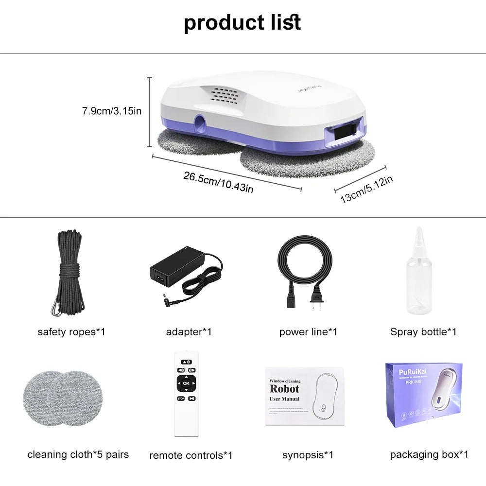 PuRuiKai  Window Cleaning Robot Automatic with Auto Dual Spray 5600Pa Suction Remote Control Edge Detection for Home