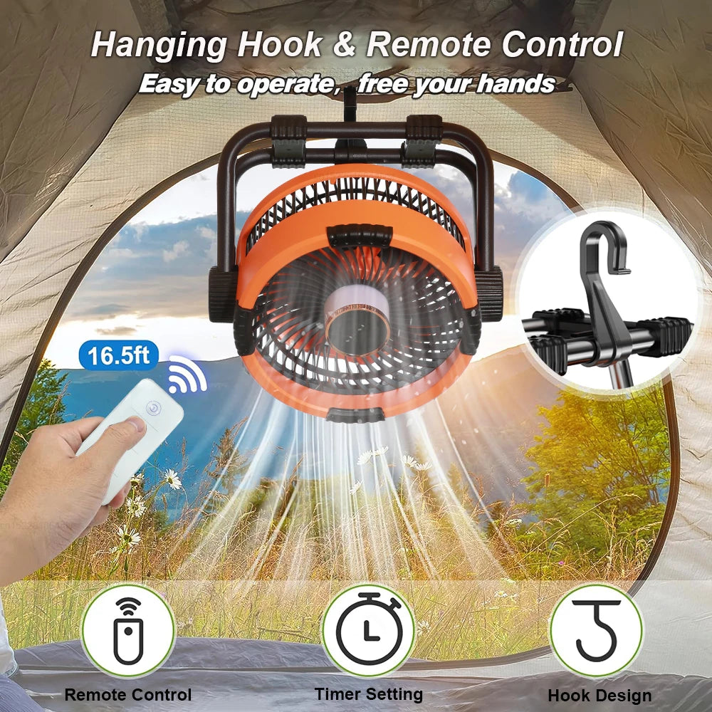 Camping Fan 20000mAh Rechargeable Portable Camping Circulator Fan Wireless Tent Ceiling Fan with LED Light and Remote Control