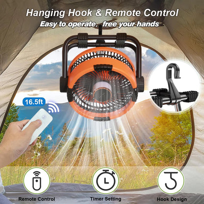 Camping Fan 20000mAh Rechargeable Portable Camping Circulator Fan Wireless Tent Ceiling Fan with LED Light and Remote Control